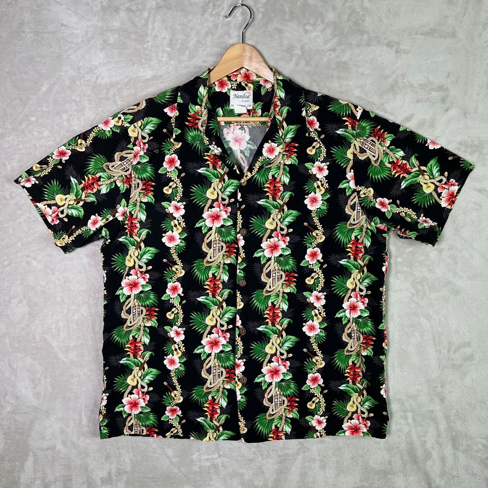 Naniloa Hawaiian Shirt XXL Button Up Black Floral Ukulele Camp Aloha Tower Lei